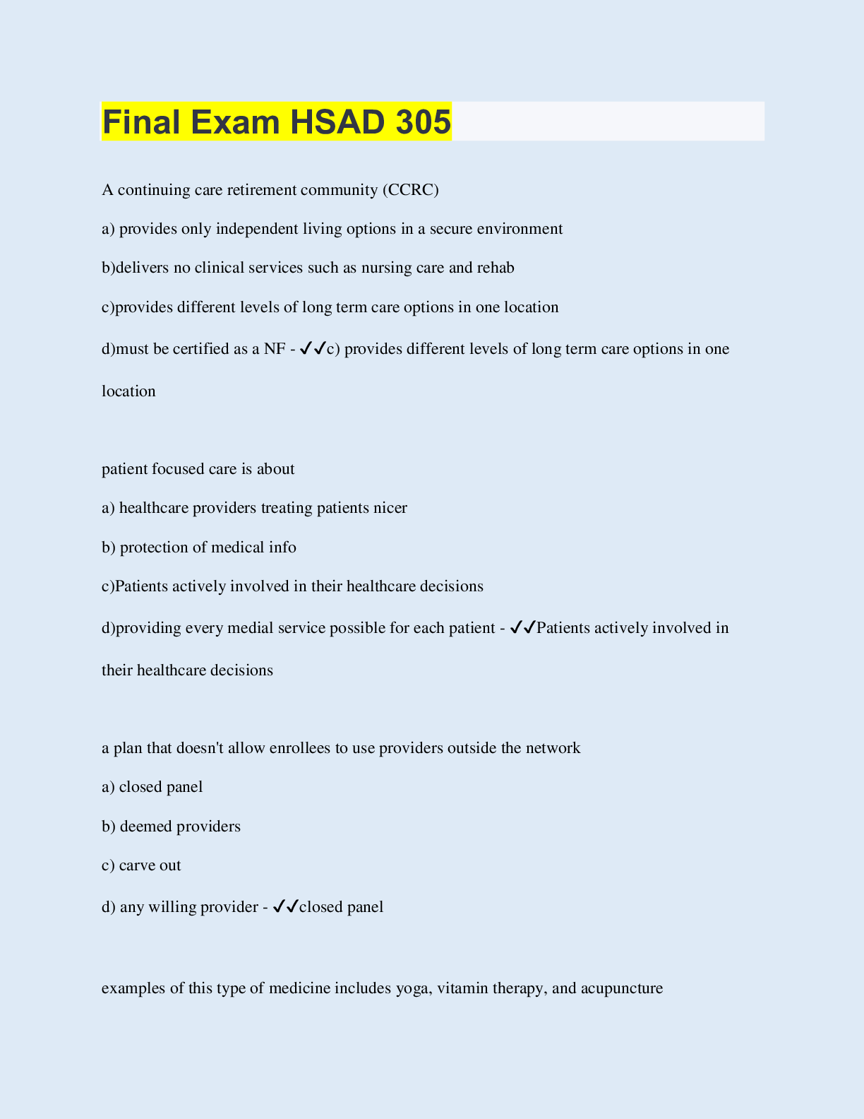 Preview of Final Exam HSAD 305 | 140 Questions with 100% Correct Answers | Updated | Download to scor